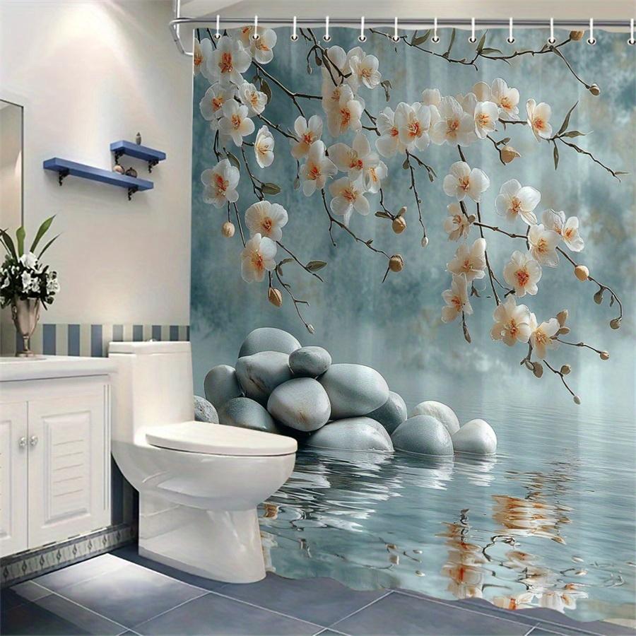 1Pc Tranquil Orchid And Stone Shower Curtain - Polyester Fabric, Machine Washable, Suitable For Bathroom Decor