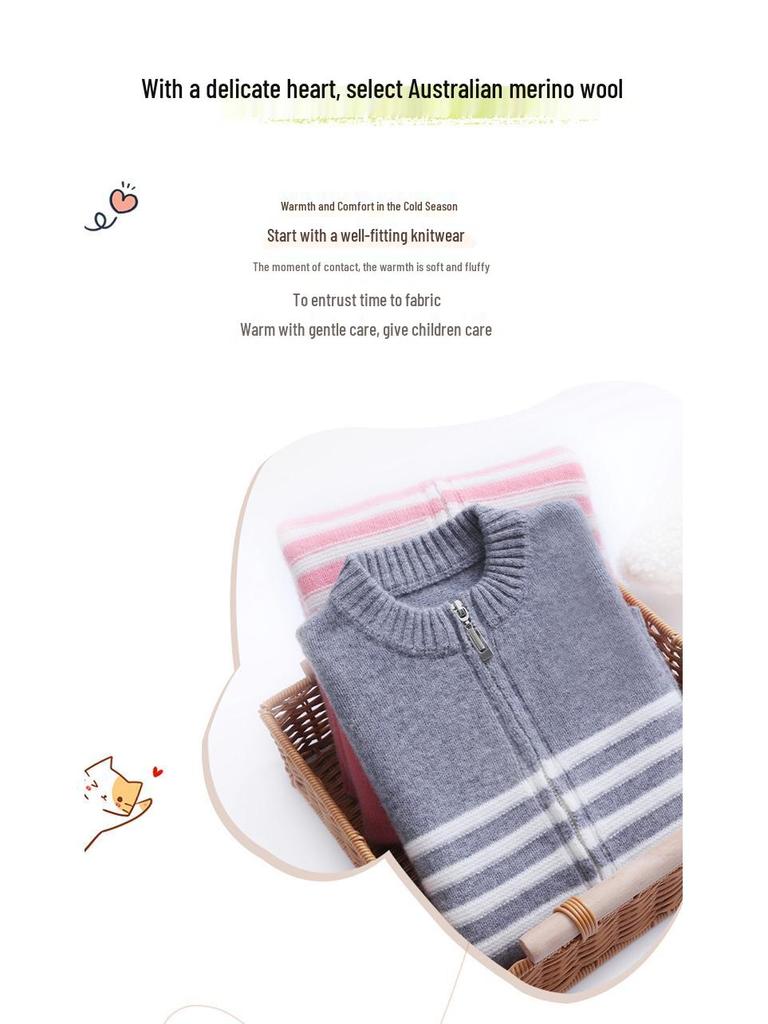 Kids' Wool Zip Cardigan: High-Collar Knit Sweater for Boys & Girls - Korean Casual Cashmere Trend.