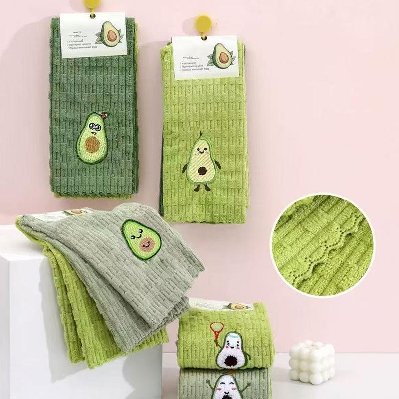 4-Pack Cartoon Avocado Pattern Thickened Polyester Rag Kitchen Dish Cloth Cleaning Cloth Embroidered Towel Absorbent Square Towe