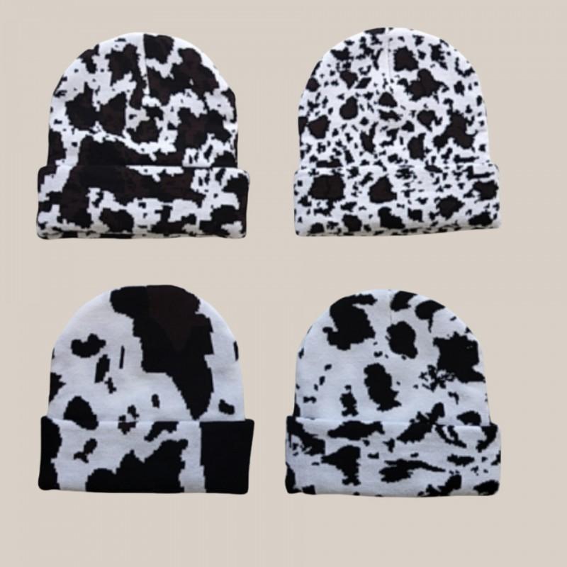 Versatile Cow Jacquard Knit Beanie Black White Warm Windproof Winter Hat