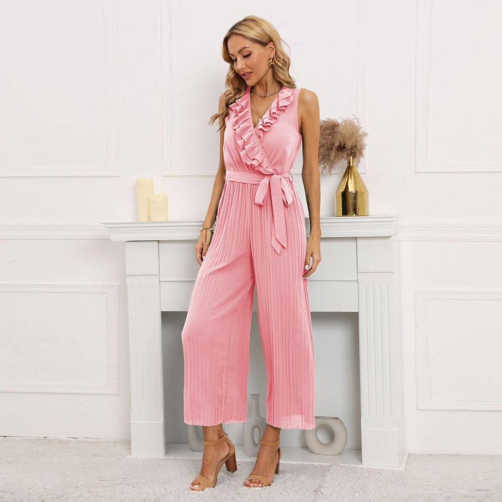Combinaison Pantalon Large Femme Chic Ethnique - Tenue Boutonnée Élégante Pour Soirée Et Quotidien Rose
