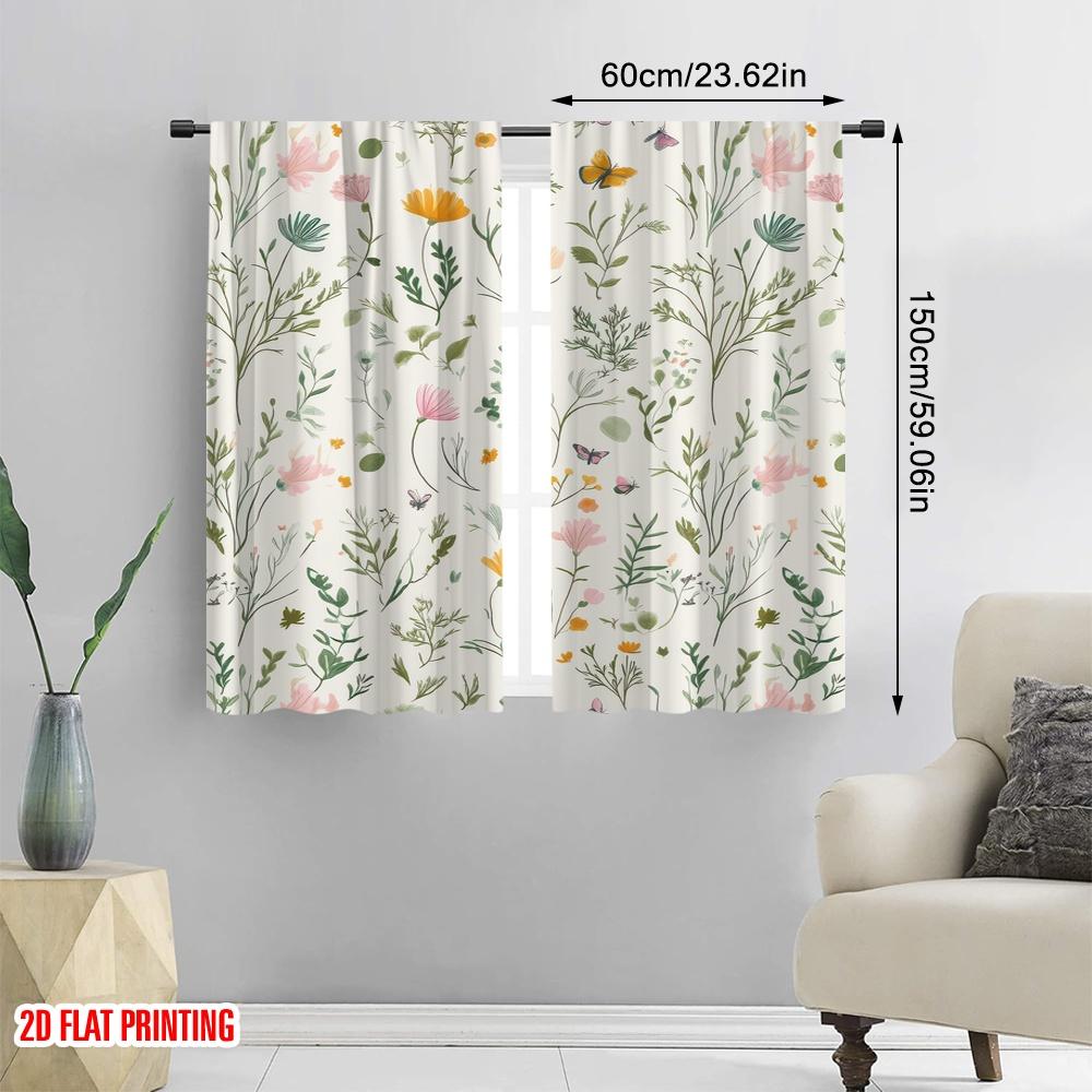 2pcs Window Curtains Garden Plants Flowers Botanical Versatile Durable Polyester,Without Electricity Festive Backdrops Use for