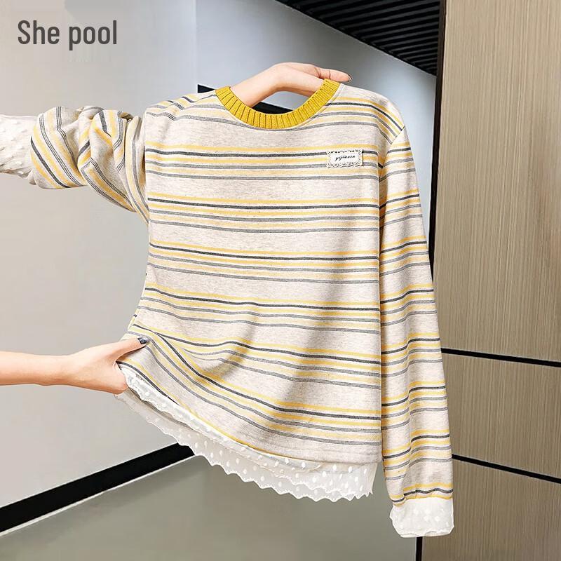 

Женский полосатый пуловер Shechi с кружевной отделкой S