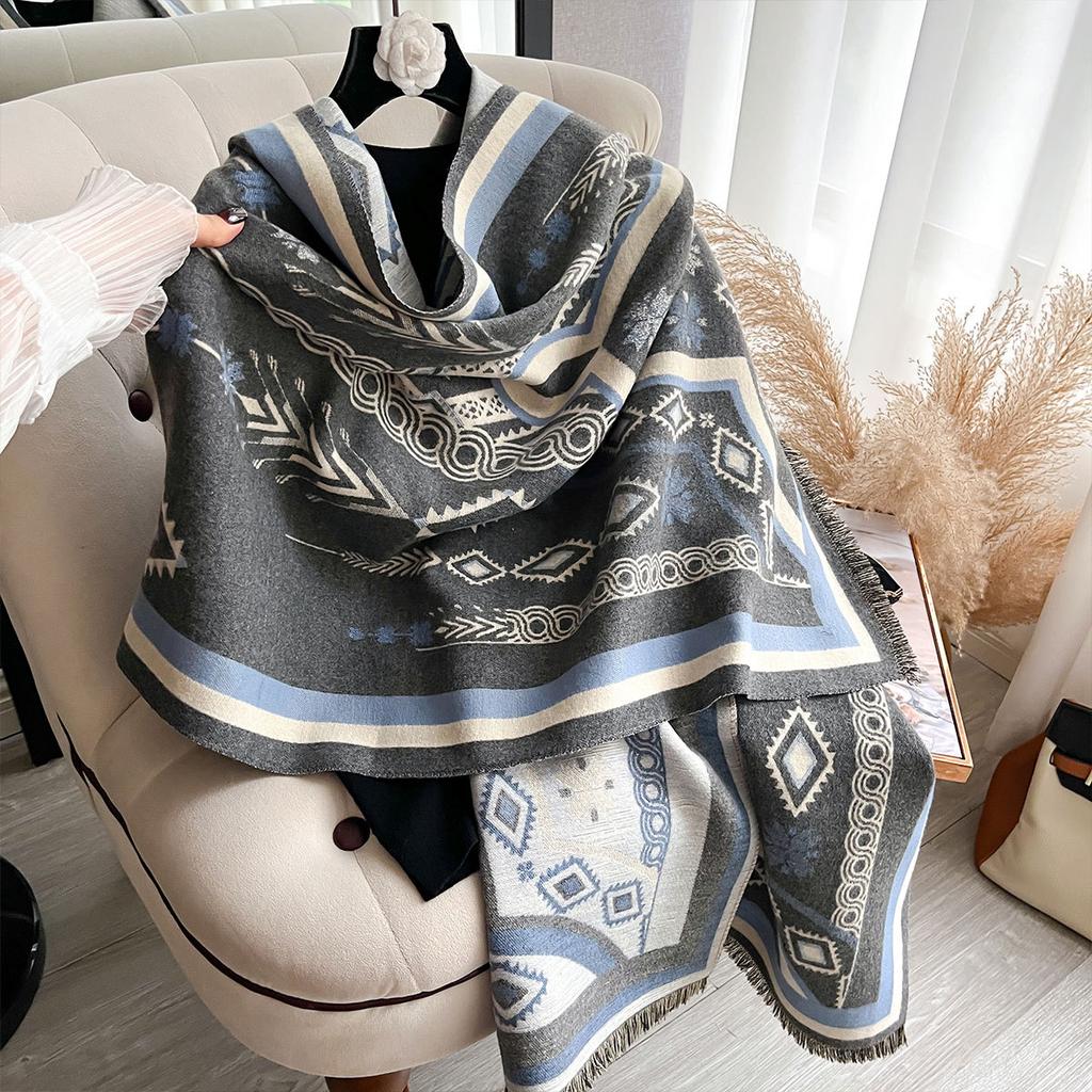 Temperament la modă gros cald eșarfă exterioară eșarfă cu model franțuzesc literar și retro șal dulce cu franjuri