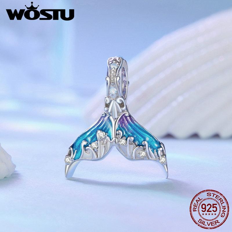 WOSTU 925 Sterling Silver Ocean Series Blue Turtle Charms Shell Pendant Crab Seaweed Beads for Women Fit DIY Bracelet Necklace