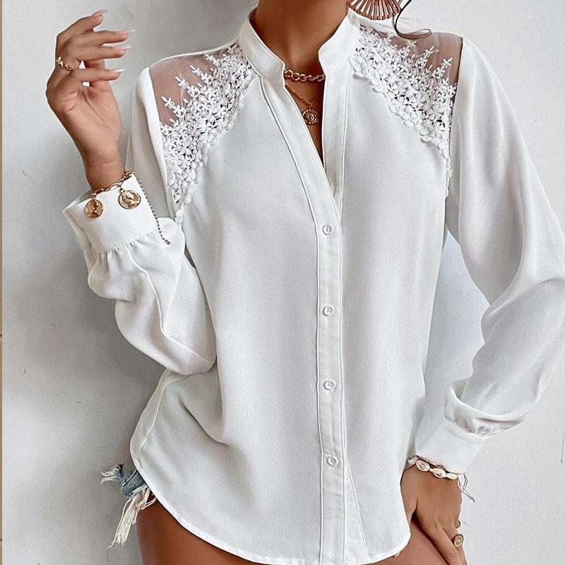 

Весенняя белая блузка с вышивкой, женская модная повседневная свободная кружевная рубашка, винтажные офисные женские элегантные топы с длинными рукавами, Blusas 24889