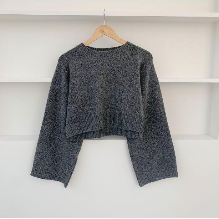 Korean Chic Long-Sleeve Knit Sweater: Women's Petite, Loose, Round Neck, Solid Color, Early Spring Style.