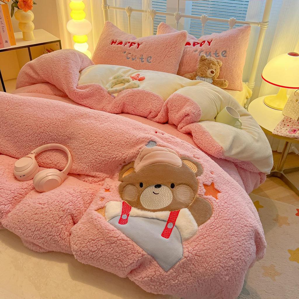 Cartoon Chenille Embroidered Lambswool Fleece Bedding Set - Duvet Cover & Bed Sheet