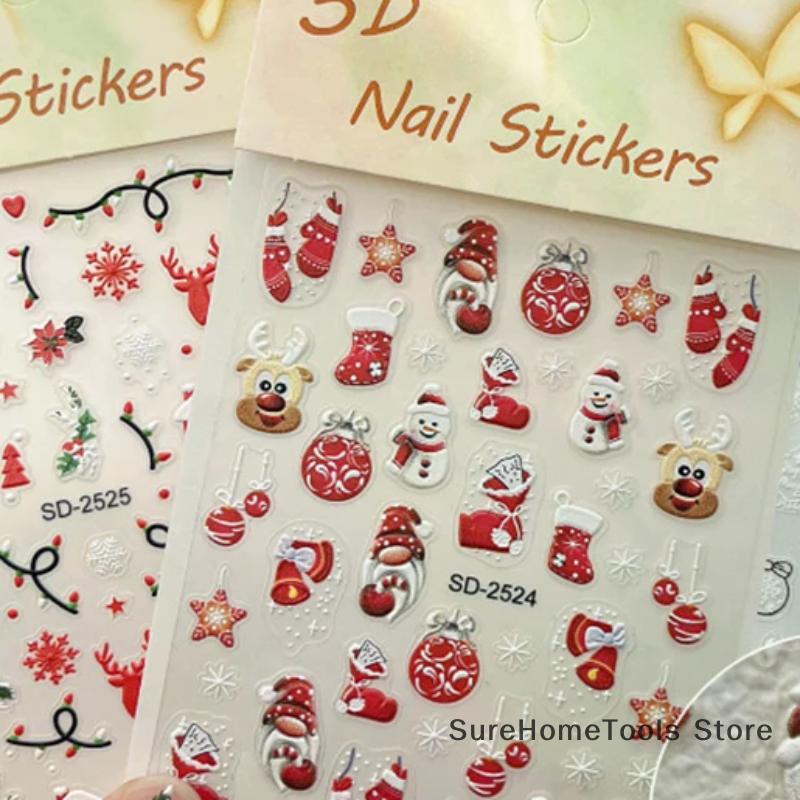 5D Geprägte Weihnachts-Nagelsticker - Baum Schneeflocke Elch Schneemann Decals, Herbst Winter Maniküre Zubehör für DIY Salon Zuhause
