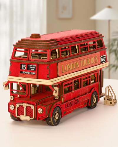 ROBOTIME 3D Wooden Puzzle, London Sightseeing Bus Car Kit, Mechanical Model, Craft Kit, DIY Craft, Assembly, Time-Killer, Educational Toy, Wooden Mode