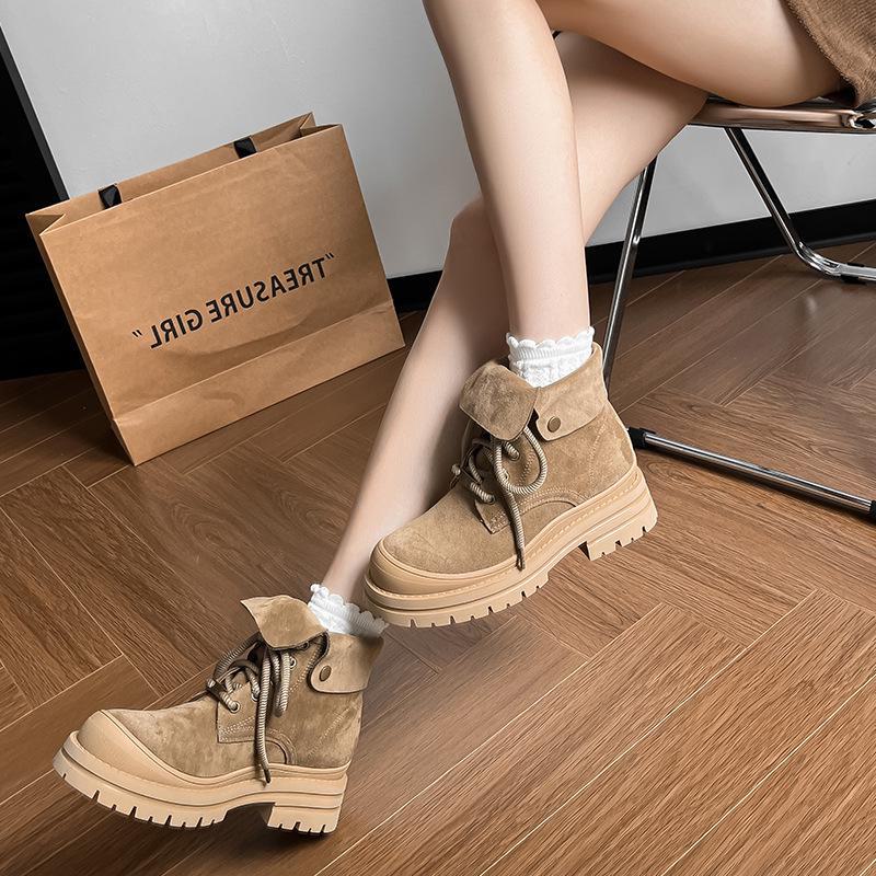 Matte Leather Retro Lace-Up Women's Round Toe Thick Sole Yellow Martin Ankle Boots