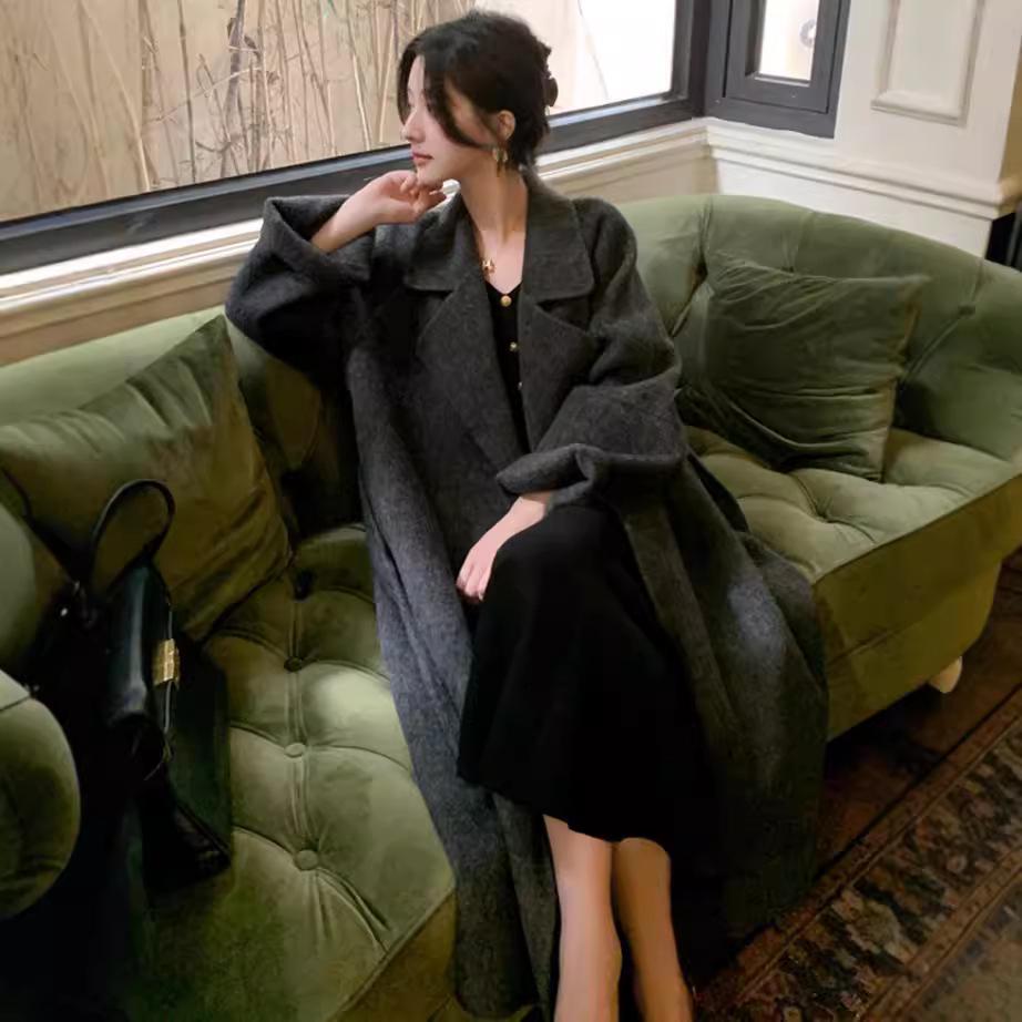 

Women s Plus Size Gray Alpaca Wool Mid-Length Coat 2024: High-End, Loose Fit, Double-Faced, Thickened Medium сірий колір