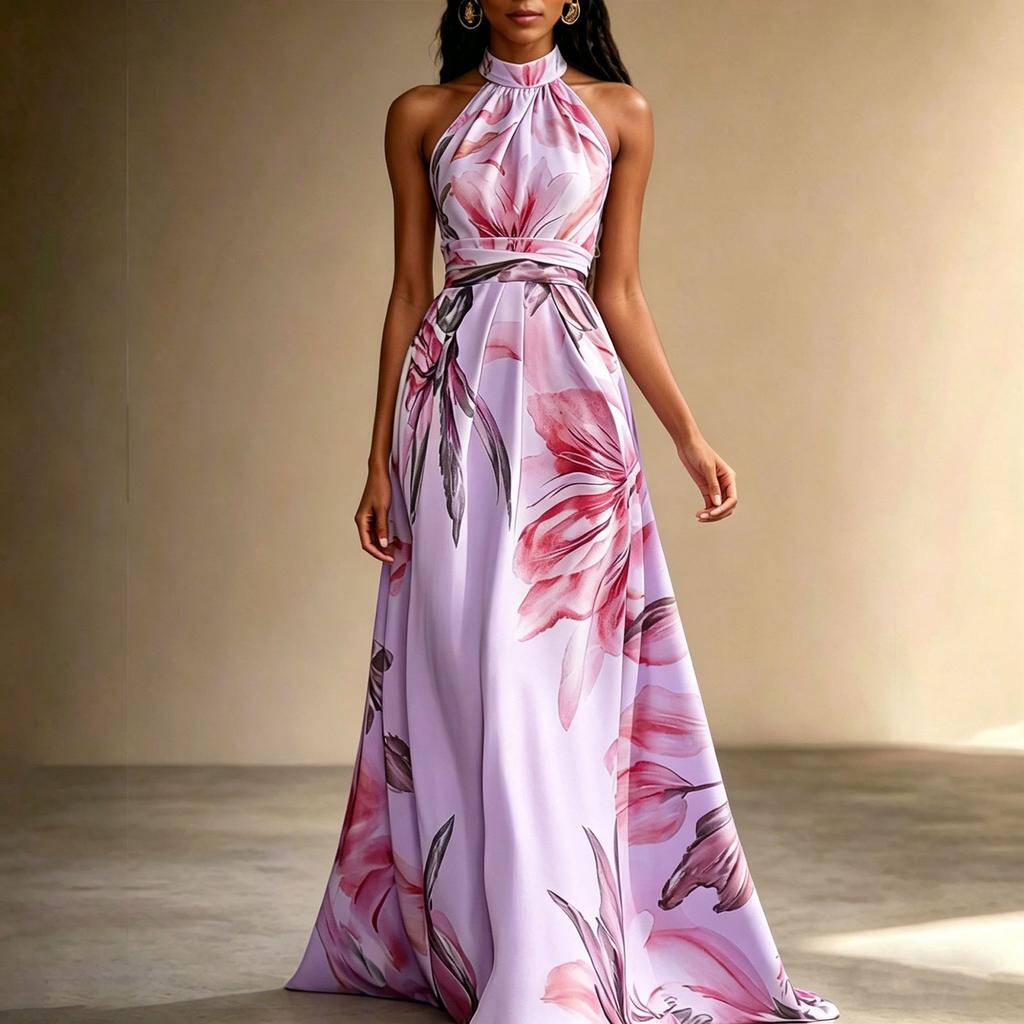 Women Halter Neck Maxi Dress Floral Print Sleeveless Long Flowing A-Line Vacation Dress with Waist Tie