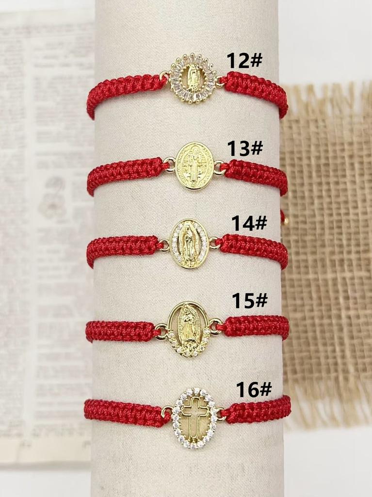 Adjustable Red Braided String Bracelet Virgin Mary Guadalupe Saint Benedict Cross Medal Religious Protection Jewelry