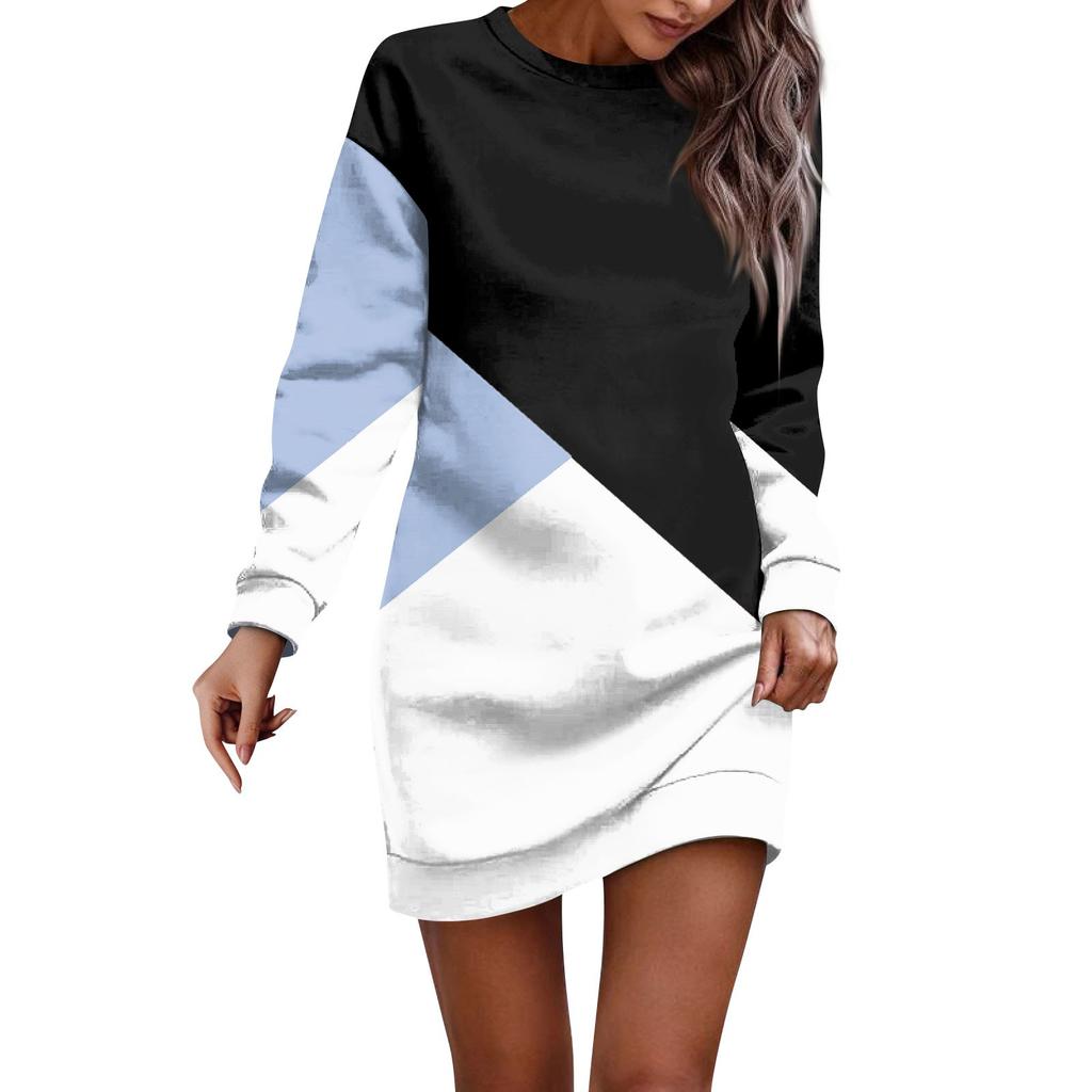 Vestido estilo sudadera de manga larga con cuello redondo y estampado geométrico de patchwork para mujer