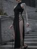 Goth Dark Cosplay High Split Sexy Bandage Women Dresses Gothic Halter Slim Midi Dress Black Grunge Style Alt Partywear