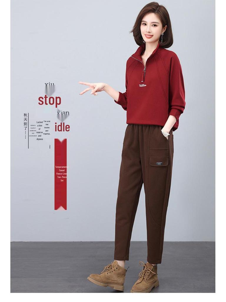 Women's Fleece-Lined Thick Sweatshirt Tracksuit: Autumn/Winter 2024 Collection for 40-Year-Olds - Casual Two-Piece Set