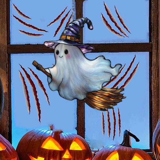 Halloween Suncatcher Stained Glass Window Hanging Light Catcher Ornaments Acrylic Ghost Black Cat Craft for Wall Window Decor