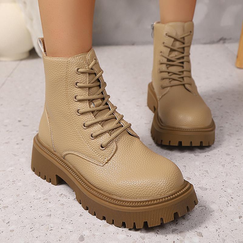 Fashion Fashion Gold PU Leather Platform Ankle Boots Women Thick Sole Lace Up Combat Booties Woman Autumn Winter Chunky Heel Short Boots