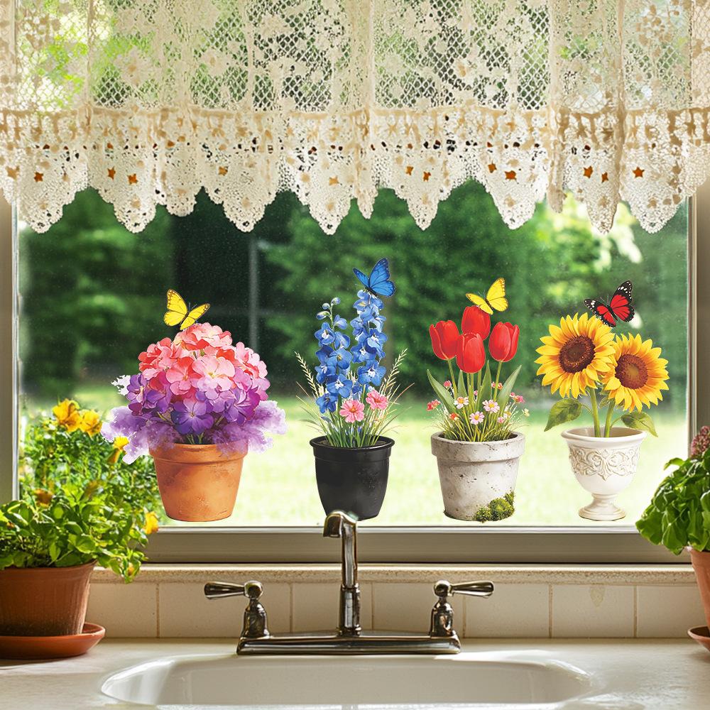 Creative Painted Potted Flower and Butterfly Home Balcony Glass Stickers