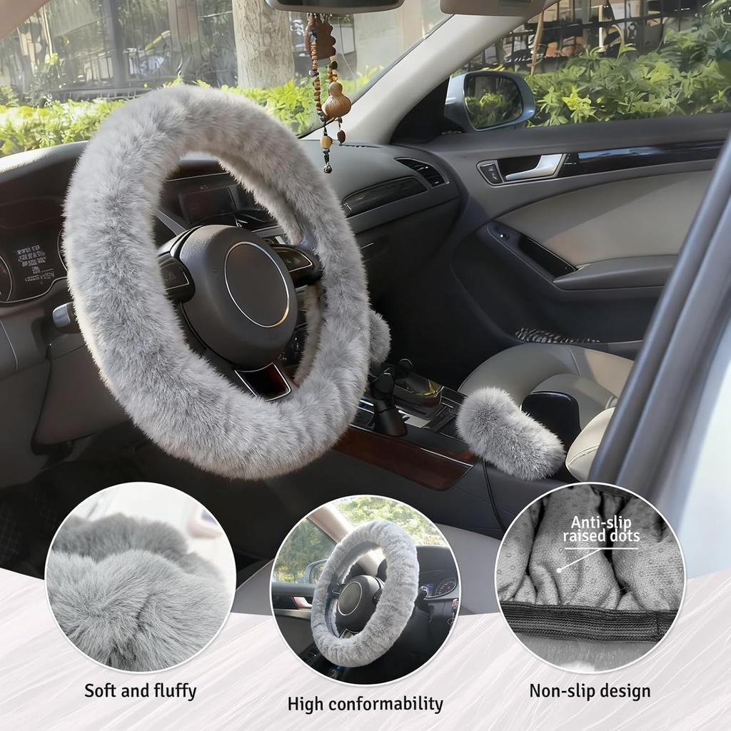 Fluffy Steering Wheel Cover 3PCS Set – Plush Fuzzy Fur Steering Wheel Cover with Gear Shift Cover & Handbrake Cover, Winter Warm Car Accessories,