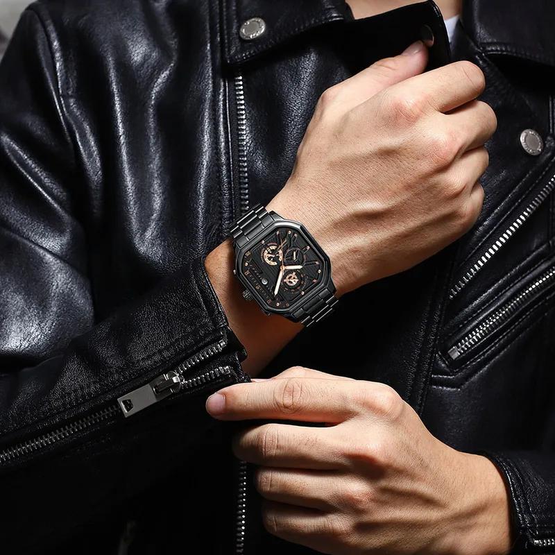 POEDAGAR Multifunction Chronograph Watches Men Sports Style Square Stainless Steel Waterproof Quartz Wristwatches Calendar Clock