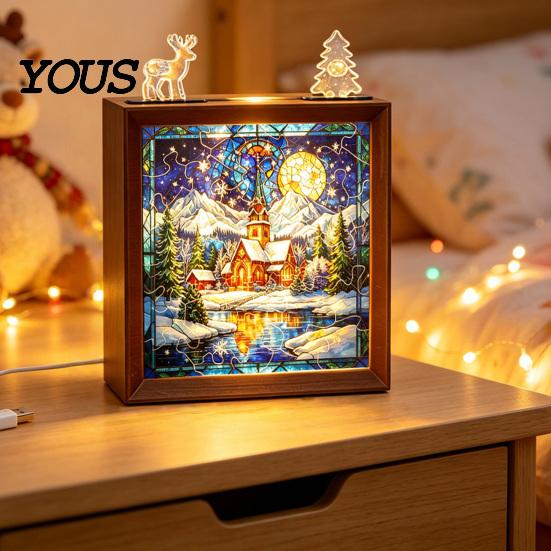 Innen-Haus-Dekoration DIY Weihnachten Acryl-Puzzle Nachtlicht, Holzrahmen Handmontiertes Puzzle Schreibtischlicht Lampe, Kreatives LED für Schlafzimmer
