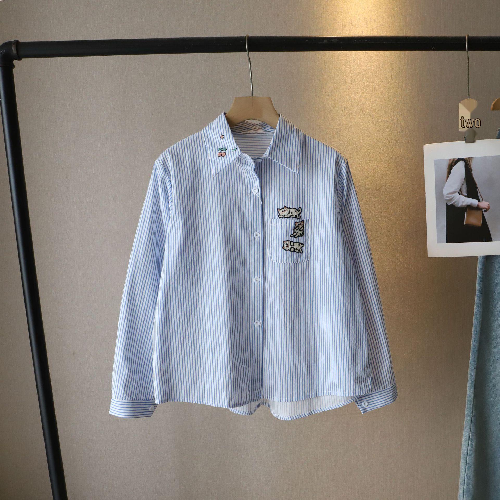 

2025 Spring Korean Style Women s Striped Shirt with Cat Embroidery, Loose Long Sleeve, Fashionable and Versatile One Size світло-синій колір