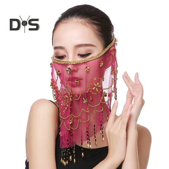Performance-Schleier, Blumen-Pailletten-Perlen-Dekor, Spitze, Bauchtanz, Tribal-Gesichtsschleier, verstellbarer Riemen, indischer Tanzschleier, Halloween-Kostümzubehör