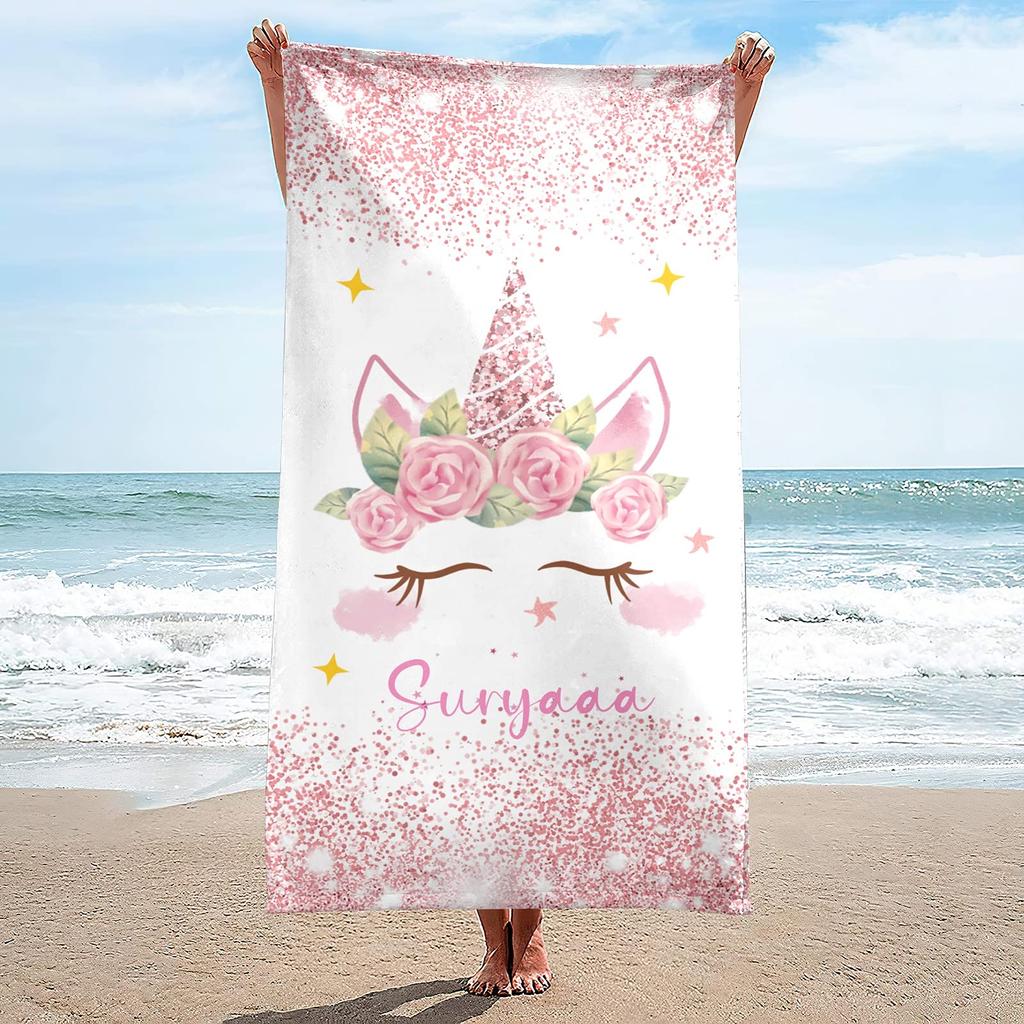 Name Bath Towels Cartoon Unicorn Beach Towel Bathroom Sport Towel for Adult Kids Microfiber Quick Dry Swimming Cover