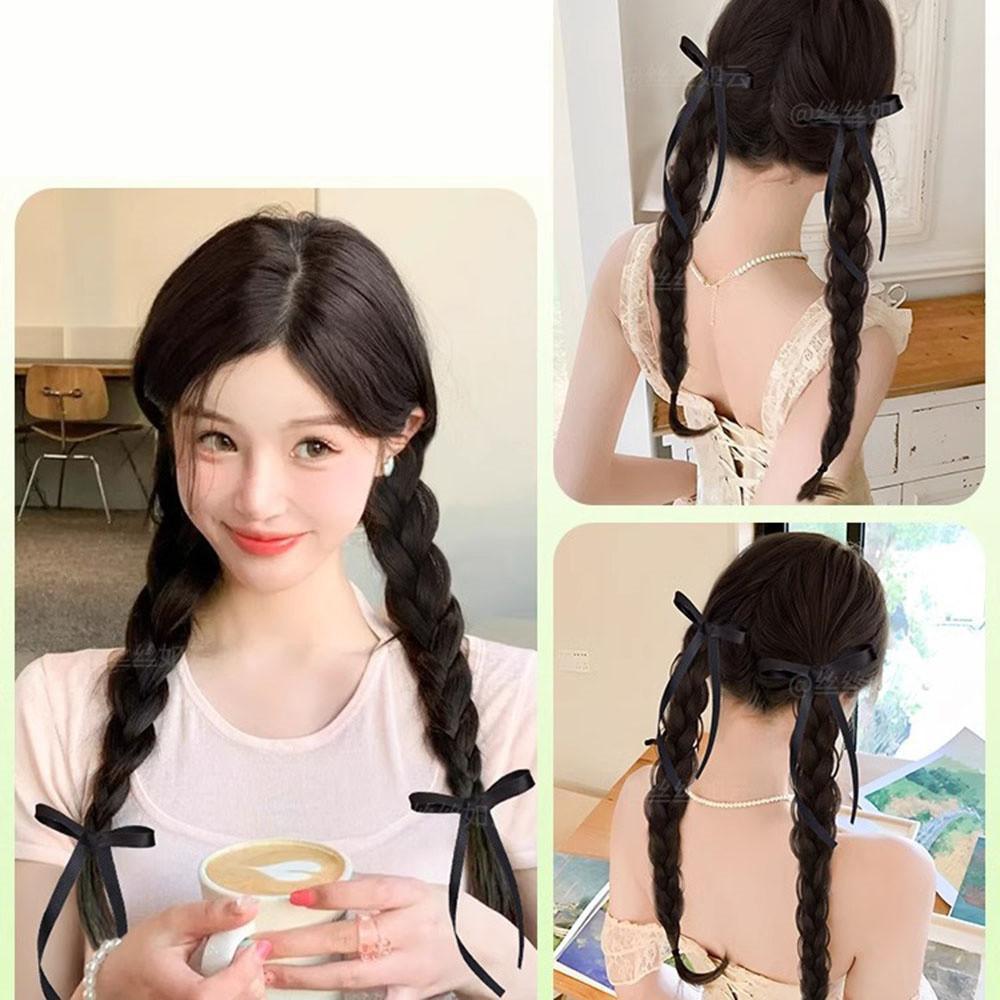 Synthetic  2PC children Simulation boxing braid double ponytail wig Girls ribbon bowknot Twist Braids Wigs Extension 50cm