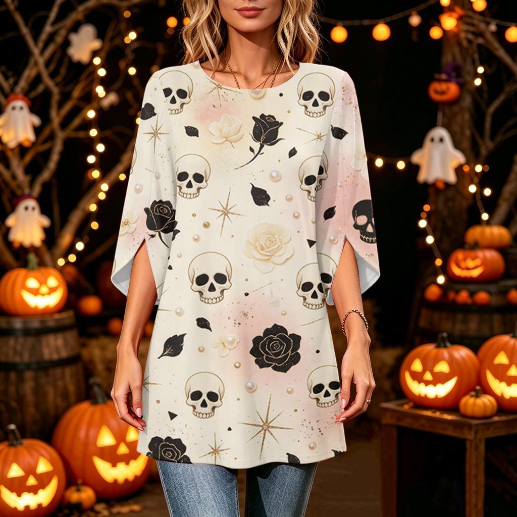 Women's Fashion Halloween Print Loose Casual Round Neck Three-Quarter Sleeve Top