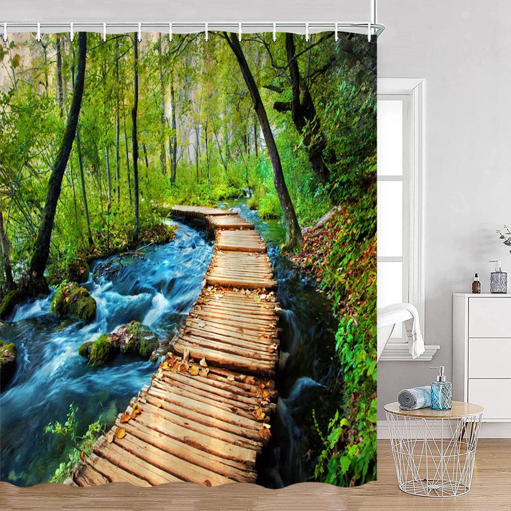 Green Vines Wall Shower Curtains Green Plants Greenery Bathroom Decorations Vintage Landscape Polyester Bath Curtains With Hooks