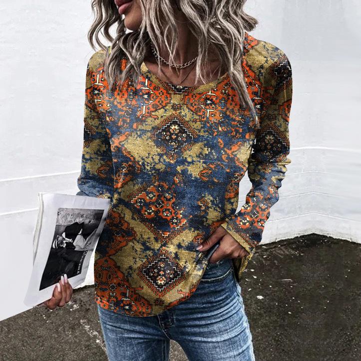 Spring and Autumn Round Neck Flower Pattern 3D Printed Top Fashionable Casual Retro Long Sleeved Women's T-shirts