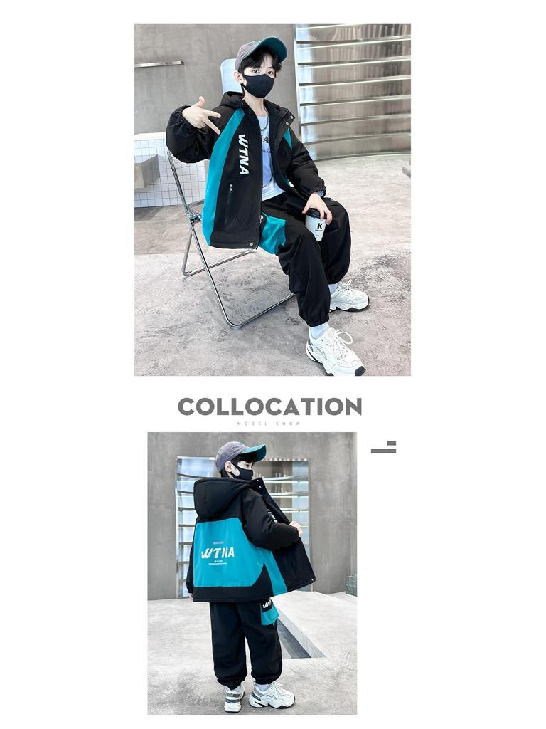 Chłopięcy zimowy zestaw polarowy 2025: Gruby dwuczęściowy komplet z bawełnianym wypełnieniem dla starszych dzieci