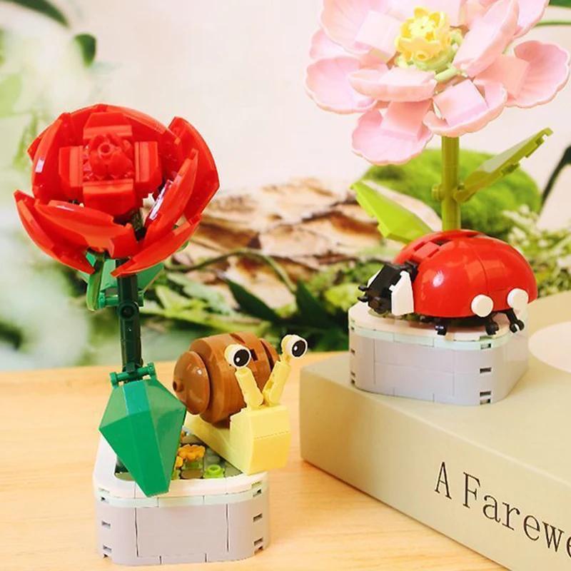 Butterfly Insect Potted Plant Bonsai Flower Block Rose Decoration DIY Mini Building Block Figure Plastic Toy Gift Kids Girls
