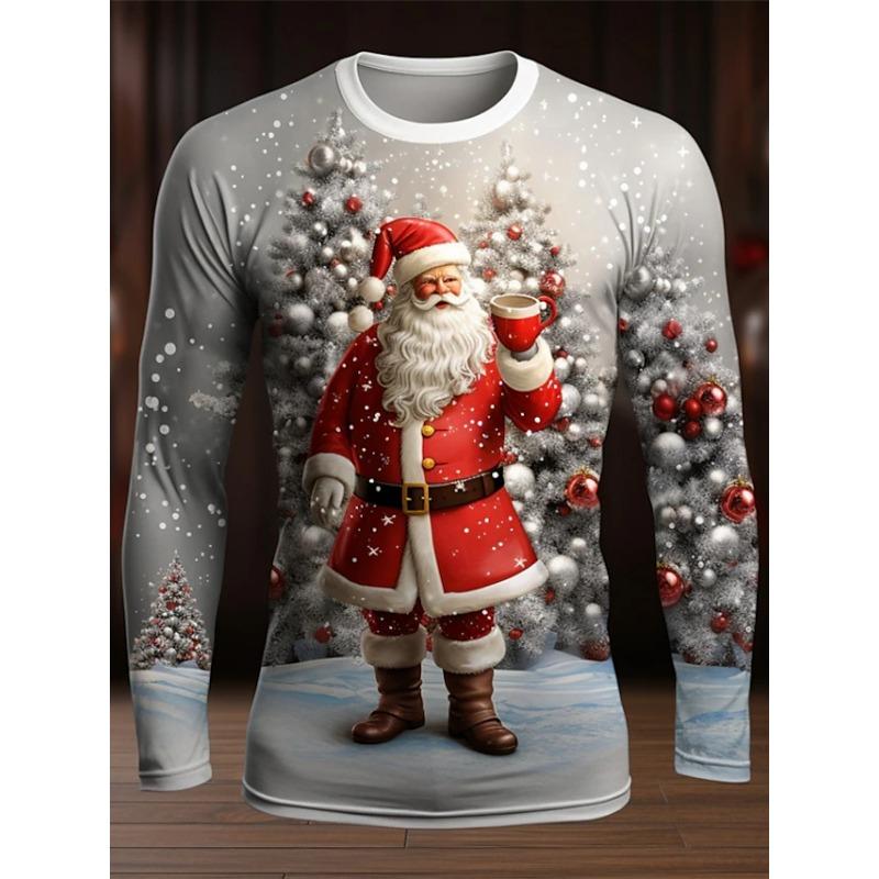 Christmas T-shirts For Men Shirts Tree Snowflake Graphic T-Shirt Cotton O Neck Oversized Long Sleeve Tops Streetwear Men's Shirt