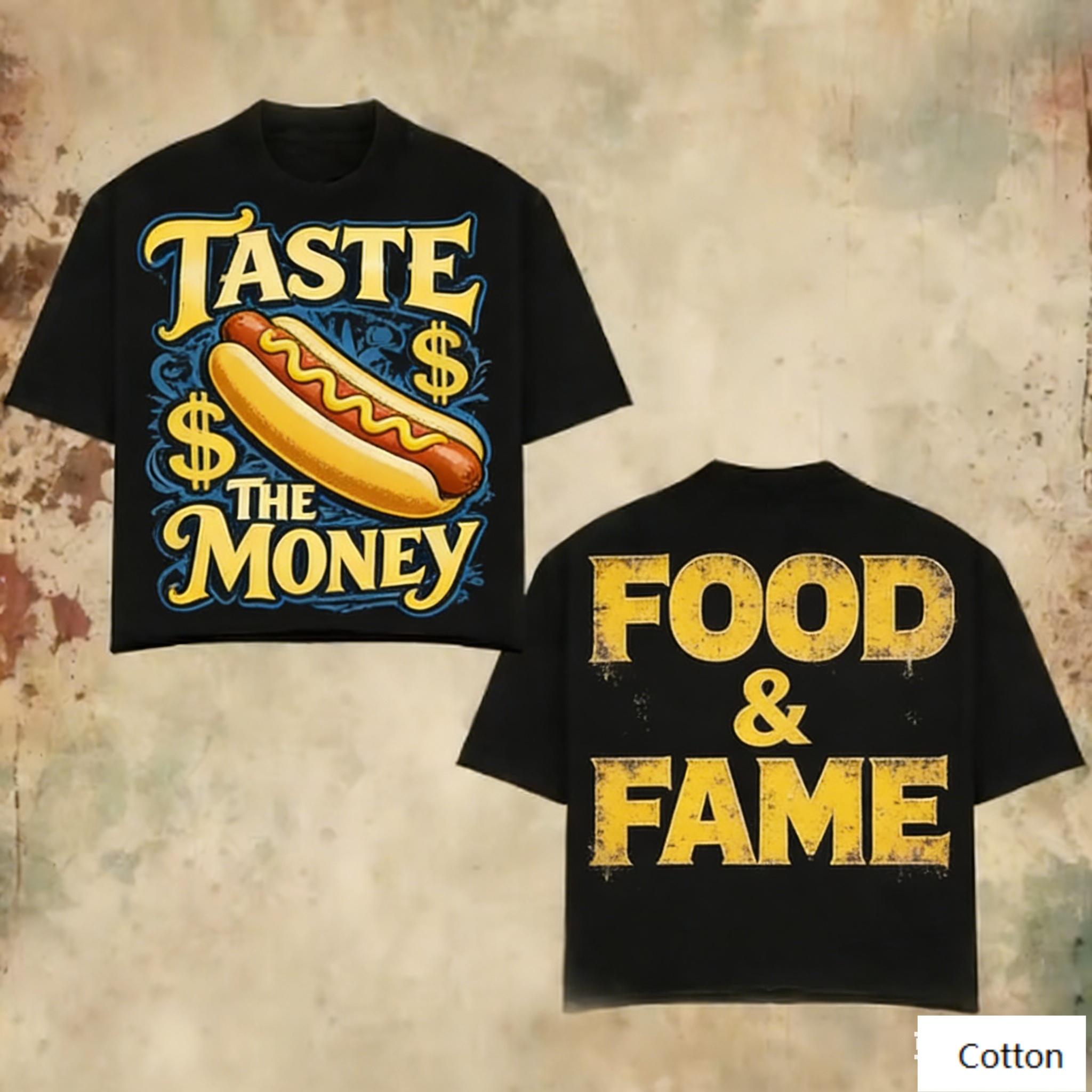

Oversized Black Cotton TShirt with Bold Retro Hot Dog Graphic and FOOD FAME Text Unisex Streetwear Tee S