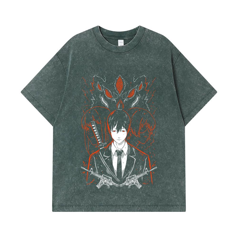 Koszulki GSM Washed Bawełna Chainsaw Man V Aki Nadruk Unisex Ciężka Bawełniana Koszulka