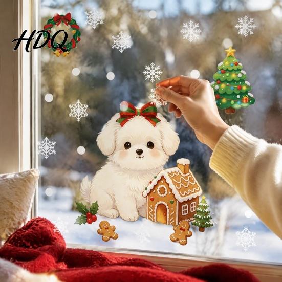 Holiday Party Home Decor Cute Dog Christmas Static Window Stickers Waterproof PVC Decals for Clings Store Glass Removable Festive Puppy Wall Indoor