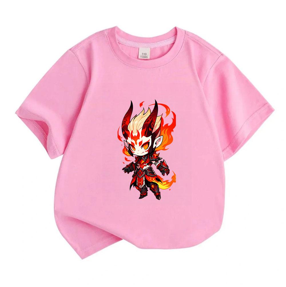 Kids Boys Girls Crew Neck Short Sleeve T-Shirt, 100% Cotton Casual Tees with Fiery Demon Cartoon Character Print, Soft Breathable Summer Daily Wear fo