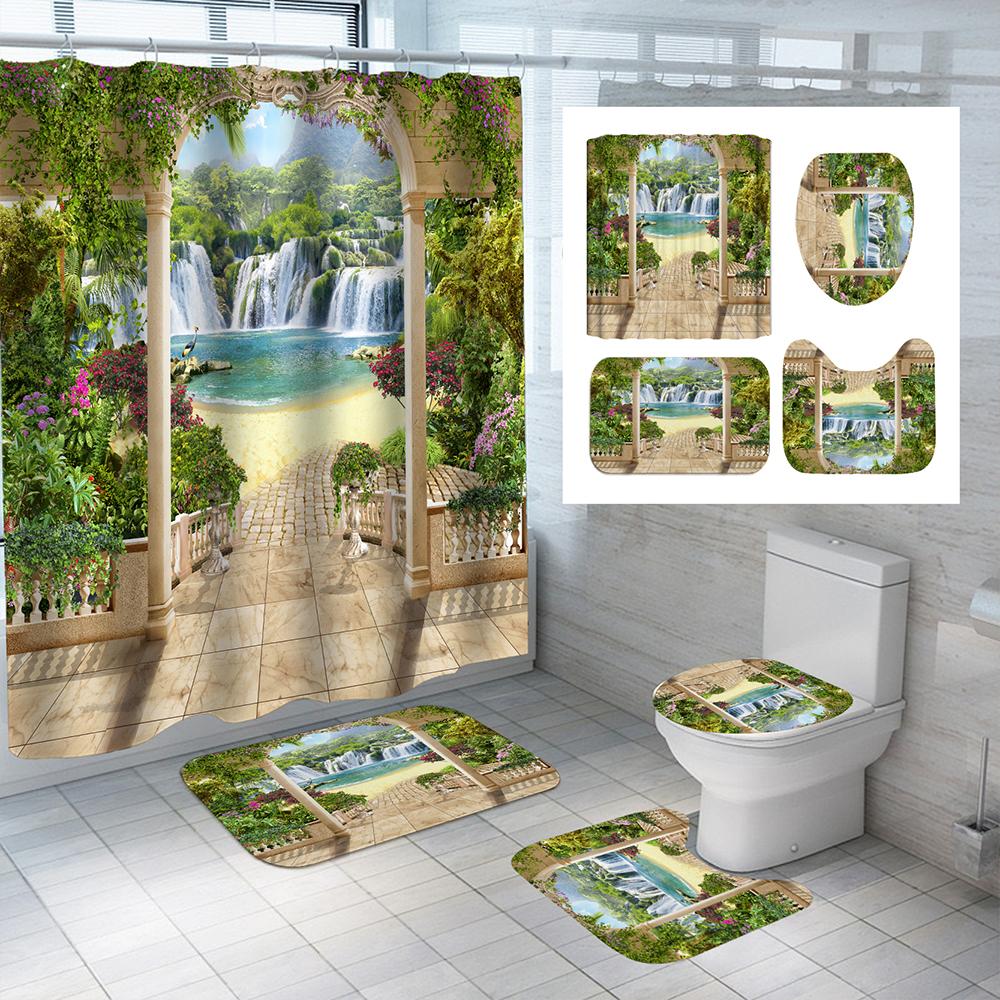 Beach Scenery Pattern Waterproof Polyester Bathroom Curtain With Hooks Anti-Slip Bath Carpet Mat Lid Toilet Cover Home Decor