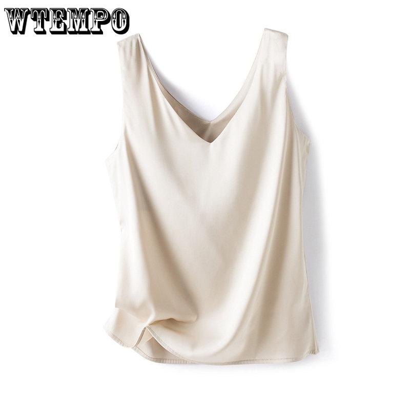 WTEMPO Women V-neck Sleeveless Blouses Elegant Silk Satin Vests Female Summer 2023 Casual Loose Tanks & Camis Solid Green Tops