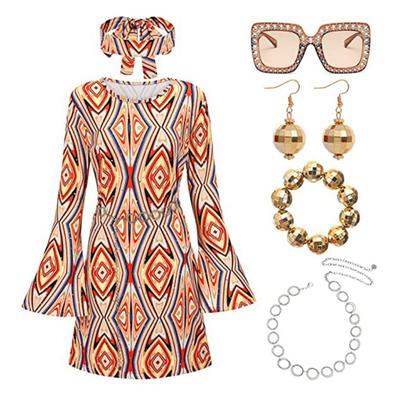 1 Set Women Dress Headband Set Retro Sequin Bell Sleeves Loose Fit