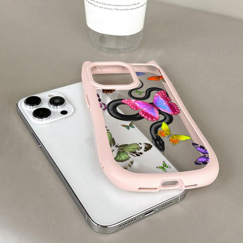 Soft Cat Ear Phone Cases for iPhone 16 15 13 12 11 Pro Max 14 Plus XR TPU Anti-Drop Transparent Acrylic Back Cover N77 Butterfly Black Gold Snake