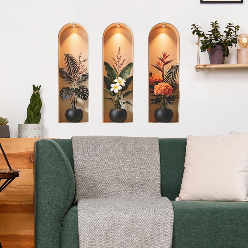 3Pcs Arch Niche Green Plant Wall Sticker Self Adhesive 3D Visual Potted Floral Mural For Living Room Bedroom Entrance Home Decor