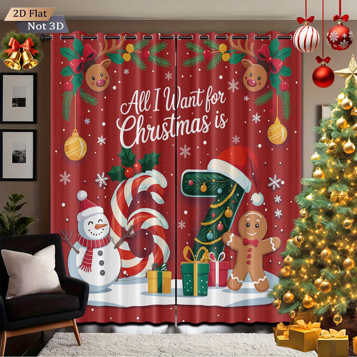 

Set Of 2 Merry Christmas Element Print Perforated Curtains Various Sizes Living Rooms Bedrooms Insulation Decoration Curtain Blackout Polyester Ideal W100*H70(CM)-Hooks&1PCS