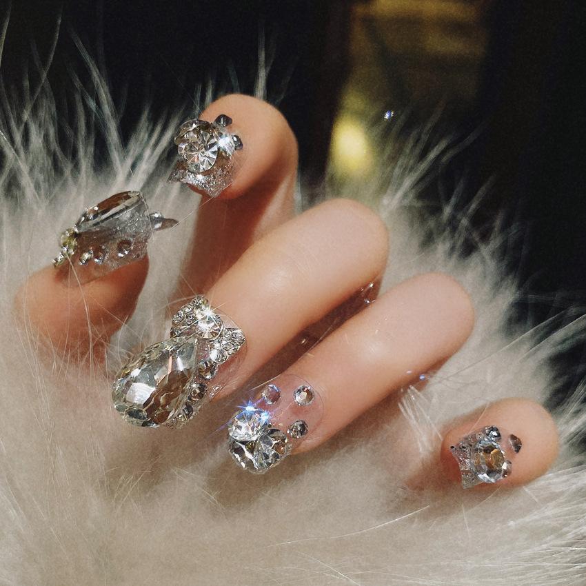 24 Pcs Long Press On Nails With Diamond Pearl Glitter Design Reusable Acrylic Artificial Nail Tips Set