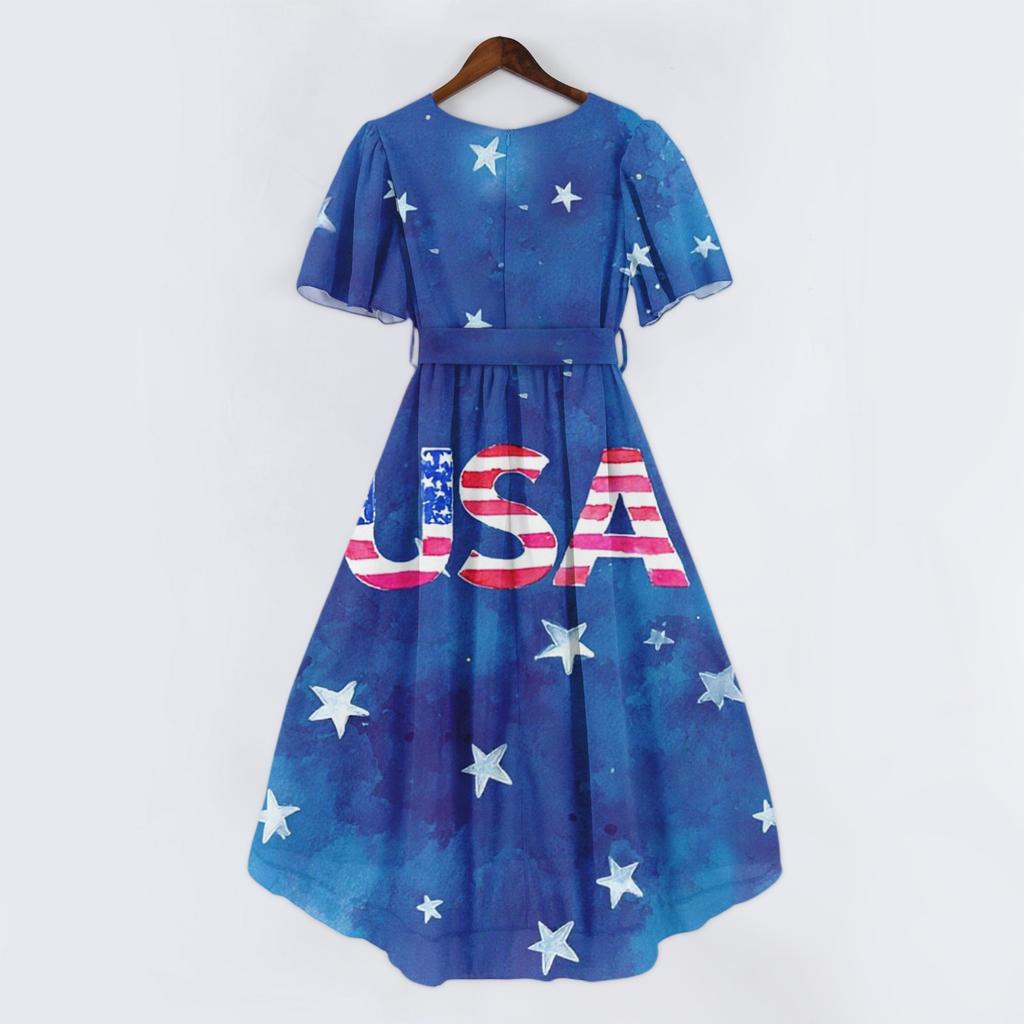 Women's Fashionable Casual V-neck Short-sleeved Independence Day Printed Dress