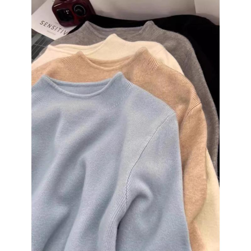 Gentle temperament semi-turtleneck loose and thin long-sleeved knitted sweater for women's autumn soft waxy warm inner sweater